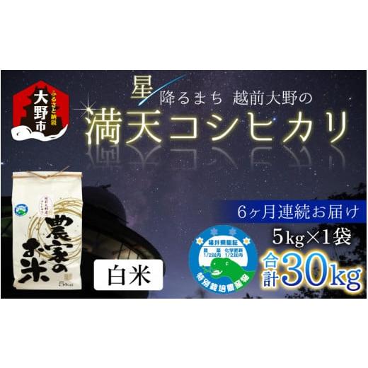 ふるさと納税 福井県 大野市 星降るまち 越前大野の「満天コシヒカリ」白米 5kg × 6回 計 30kg 農薬・化学肥料50%以上カッ…