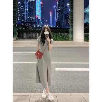 灰色開叉短袖連衣裙女設計感小眾收腰顯瘦氣質休閑長裙子夏季新款