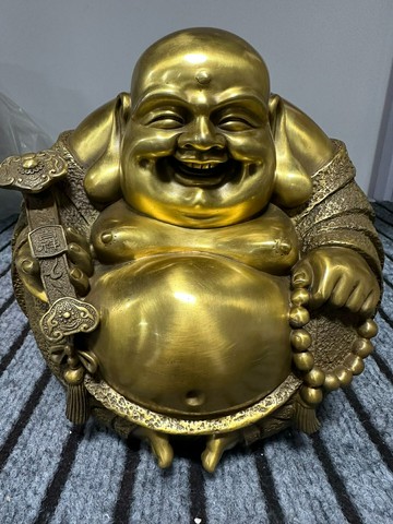 純銅圓如意笑佛，笑口約常開，高20，底座12.5，肚子20重