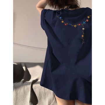 【100%純棉】美式藏藍色圓領短袖T恤女 2026夏季新款休閒小衆半袖上衣 t恤 韓版上衣 ins風 短袖t恤 純棉t恤