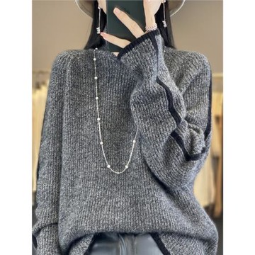 冬新款高領拼色羊絨衫女寬松加厚慵懶風羊毛衫高級感花紗打底毛衣