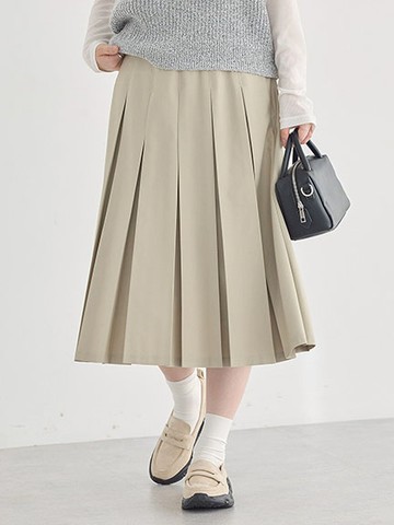 學院風素面寬百褶中長裙(01001263100) - earth music&ecology