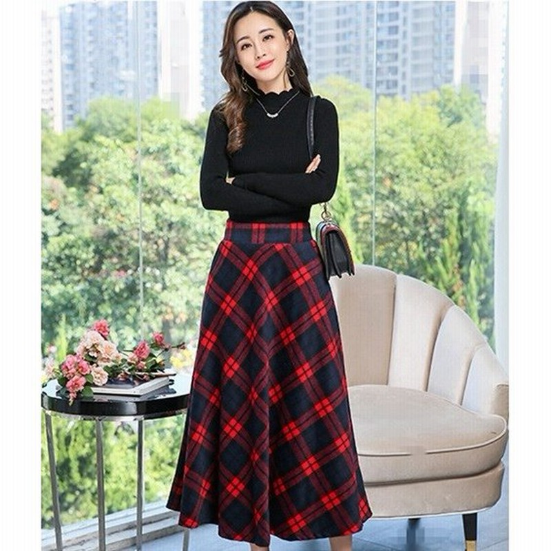 スカート ロングスカート チェック柄 ミモレ丈 ニット フレア Aライン ハイウエスト 秋 冬 春 チェックスカート ギンガムチェック柄 台形スカート 通販 Lineポイント最大0 5 Get Lineショッピング