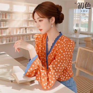 初色 撞色蕾絲拼接圓點單排扣V領長袖襯衫女上衣-深橘色-10706(M-2XL可選)