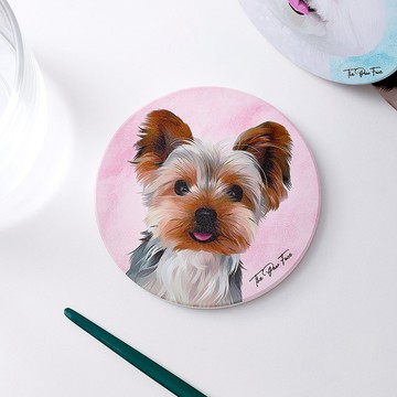 約瑟 約克夏 狗狗-圓型陶瓷吸水杯墊/動物/居家用品