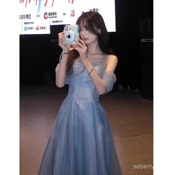 4830人收藏藍色晚禮服女2025新款高端輕奢小衆宴會氣質主持人學生藝考成人禮