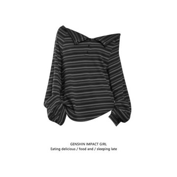 秋季新款條紋露肩長袖顯瘦寬松T恤女小眾復古別致一字肩打底上衣