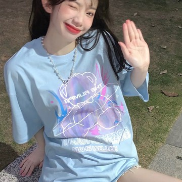 ins超火baby藍t恤女短袖夏裝寬松韓版潮設計感小眾小熊半袖上衣服