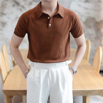 休閑意式純棉馬球針織polo衫男夏季美式復古阿美咔嘰翻領上衣百搭