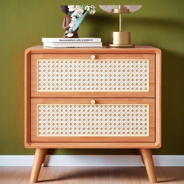 床頭櫃 儲物櫃 免運速發 附發票 藤編床頭柜實木詫寂風胡桃原木色現代北歐簡約日式民宿收納儲物柜