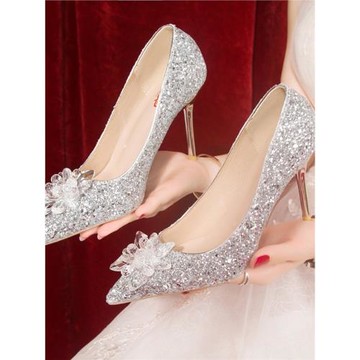 日常婚鞋2025年新款新娘鞋銀色水晶鞋女高跟鞋伴娘鞋春秋禮服細跟