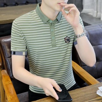 男士短袖t恤2026年新款夏季刺繡條紋衣服翻領polo衫冰絲純棉男裝