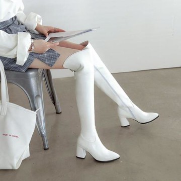 白色美腿長靴女秋冬新款高筒過膝靴側拉鏈粗跟中跟騎士靴子