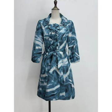 小個子薄風衣淺藍色中長款七分袖蝴蝶結收腰迷彩外套品牌折扣清倉