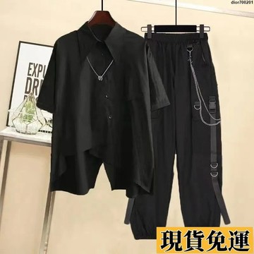 台灣限時熱賣 夏季新款男女套裝韓版寬鬆設計感拚接襯衫+帥氣工裝褲兩件套ins潮 JHPN