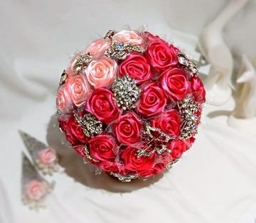 女王珠寶捧花 粉酒紅雙面玫瑰 手工珍珠緞帶 水鑽 花束 手捧花