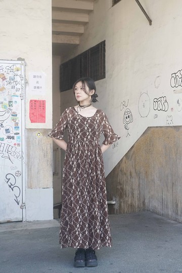 純情百貨行 古著 vintage 古著洋裝 透膚洋裝罩衫 菱格小木罩衫