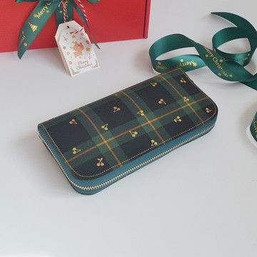 經典綠格子櫻桃 布藝長夾 錢包 零錢包