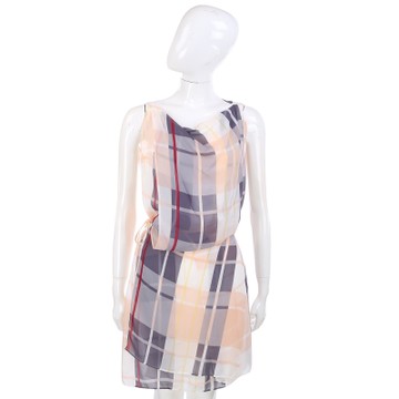 SEE BY CHLOE 米灰色格紋拼接側綁帶雪紡無袖洋裝(附內裡)