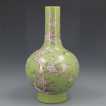 清康熙年制無光釉紅彩喜上眉梢高足天球瓶仿古瓷器家居古玩擺件1入