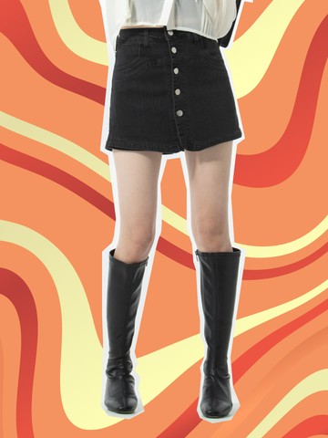 前開扣修身彈力牛仔短褲裙