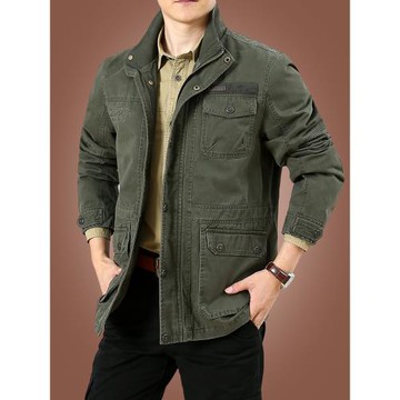 純棉工裝夾克男外套春秋季寬松休閑中年男裝中長款大衣多口袋新款