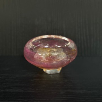 玻璃碗桃紅棕黃六角足