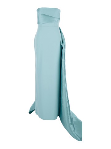 Solace London kinsley Light Blue Long Dress With Bare Shoulder And Wraparound Drape In Lightweight Twill Woman
