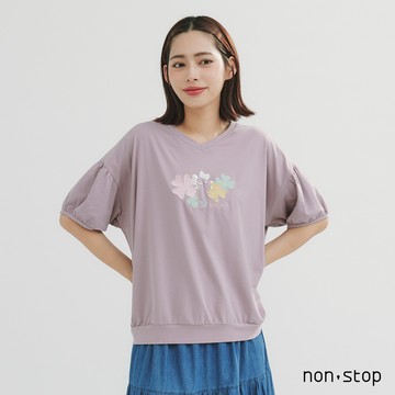 non-stop 幸運編織花卉刺繡V領T恤-2色