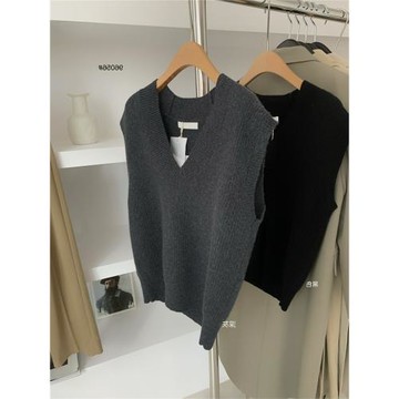 法式毛衣背心女灰色寬松V領套頭疊穿上衣秋冬復古坎肩馬甲女外穿