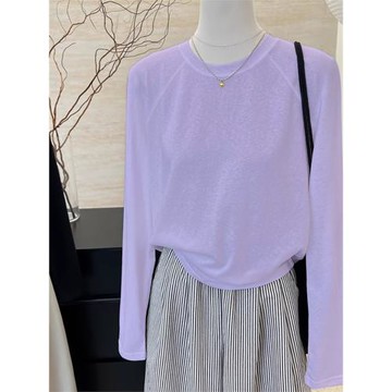 白色微透圓領防曬T恤女夏新款長袖薄款寬松顯瘦空調罩衫上衣ins潮