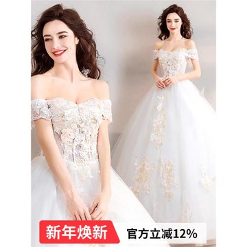 季末特惠 夢幻花朵一字肩公主新娘修身顯瘦婚紗禮服2280批發批發