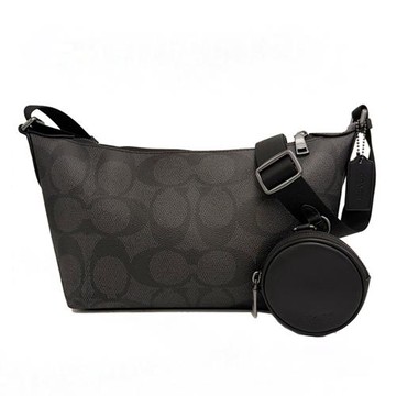 【COACH】大C LOGO男中性款船型附零錢包斜背包(黑灰)