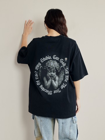 水洗天使鉚釘背圖短T