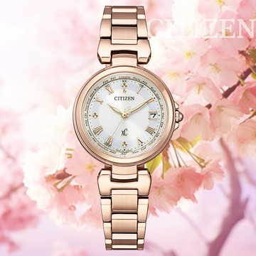CITIZEN 星辰 xC 亞洲限定 光動能 電波對時櫻花粉紅金淑女錶-27.8mm EC1037-69A