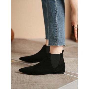 微笑大叔切爾西短靴女絨面松緊帶短筒粗跟2025年新款平底彈力靴子