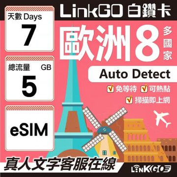 LINKGO白鑽卡 歐洲8國 eSIM卡 7天上網卡 總流量5GB (歐洲網卡 法國 瑞典 奧地利 英國)