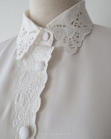 復古刺繡領寬鬆歐美版型長袖白色古著襯衫