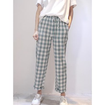 純棉格子女士睡褲秋情侶長褲日系男士休閑長褲全棉家居褲男居家褲