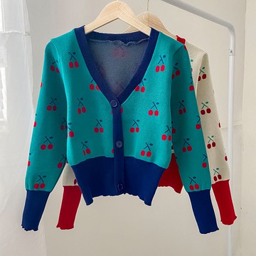 復古甜美小櫻桃針織衫女新款秋冬減齡V領氣質開衫上衣