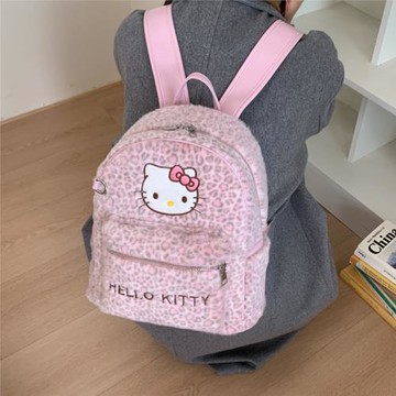 粉色豹紋毛絨kt貓雙肩包女學生大容量書包卡通凱蒂貓百搭出行背包