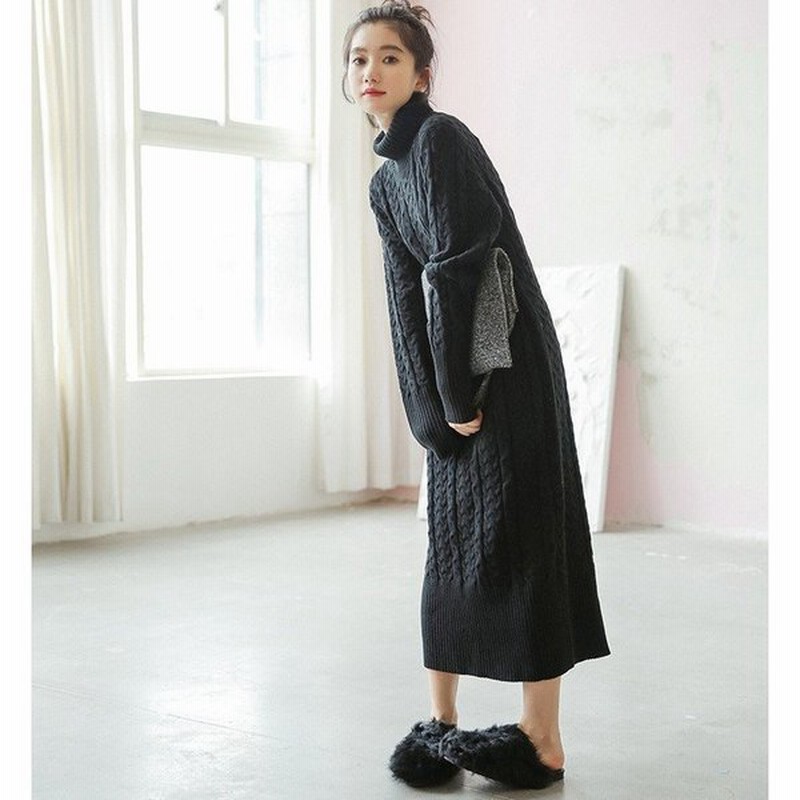 ニットセール ワンピース レディース ハイネック ミディ ロング リブニット 秋 冬 ニットワンピース ゆったり 通販 Lineポイント最大get Lineショッピング