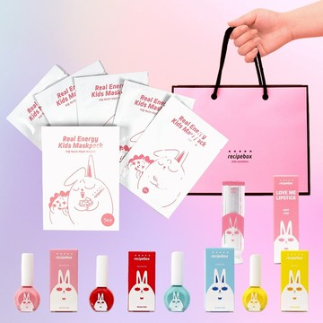 【 韓國recipebox 】甜蜜禮盒 (指甲油x4：櫻花粉/魔力紅/天空藍/檸檬黃，四色各1 +潤唇膏寶寶粉x1+面膜5入組x1+禮物袋M)