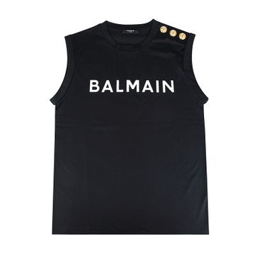 Balmain 字母燙印LOGO左肩金釦造型棉質無袖T恤(女款/黑)