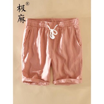 極麻清新松緊腰直筒亞麻休閑短褲男士夏季抽繩沙灘寬松棉麻五分褲