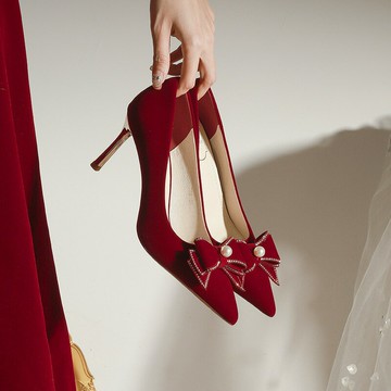 【含稅/免運】 X766-22新款高跟鞋女細跟婚鞋性感紅色蝴蝶結秀禾鞋新娘婚鞋32-43