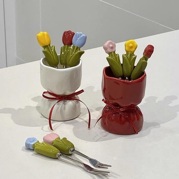 💐WBP免運💐ins風格陶瓷收納盒 水果叉套裝一整套 創意桌面擺件 收納盒 家用創意ins高顔值花朵鬱金香 甜品叉