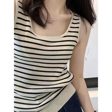 2025夏季天絲條紋U領針織吊帶背心女歐貨冰絲顯瘦無袖t恤上衣百搭