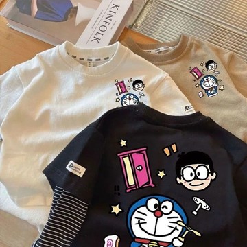 Healthy baby 純棉假兩件男童上衣T恤長袖拼條紋新款兒童寶寶衣服打底春秋小童男童長袖 兒童打底  春秋長袖 男