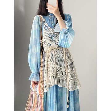 1櫥大爆炸 波西米亞罩衫搭配藍色扎染印花長袖連衣裙2023年春秋冬